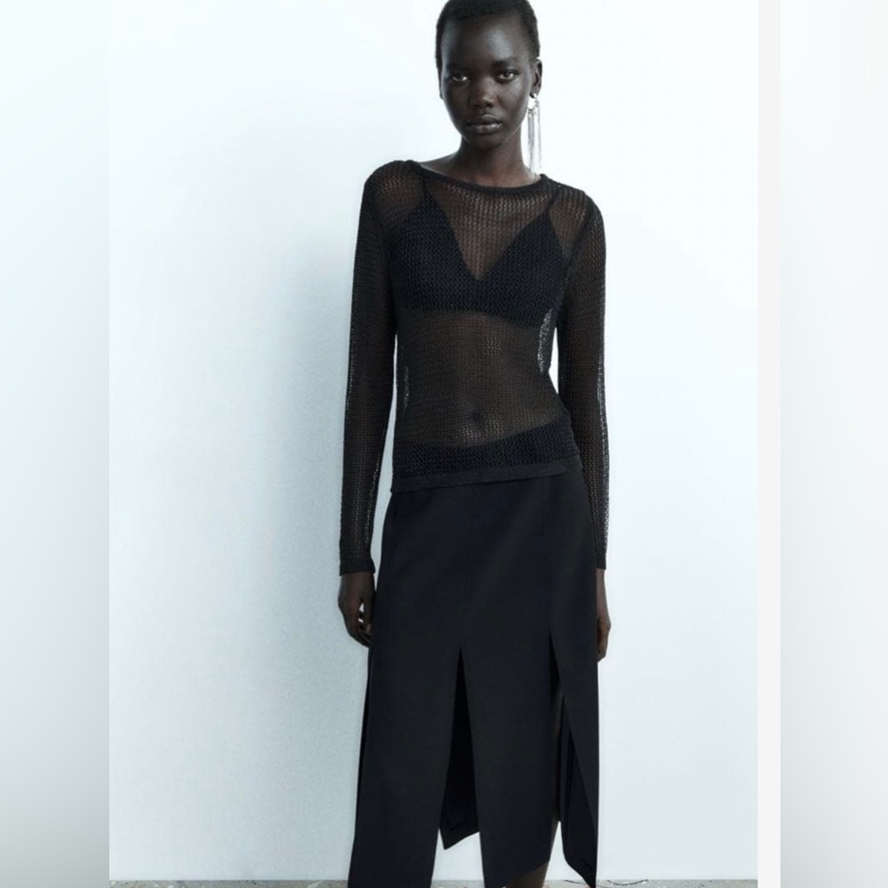 Zara Black Sheer Metallic Mesh Blouse - Picture 2 of 7